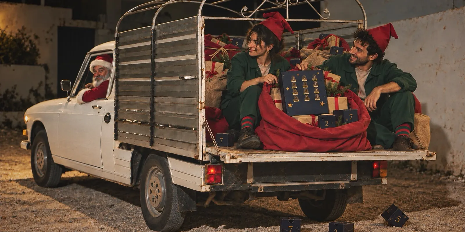 Le Père Noël et deux lutins à l’arrière d’un pick-up chargé de coffrets Maison Bayu